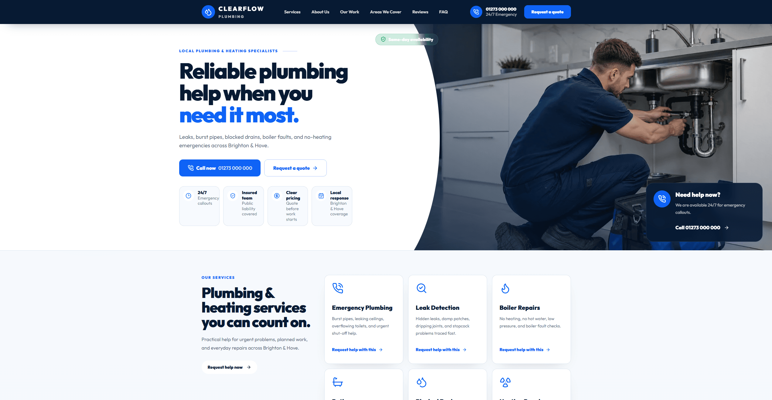 Homepage screenshot of the ClearFlow Plumbing demo website.