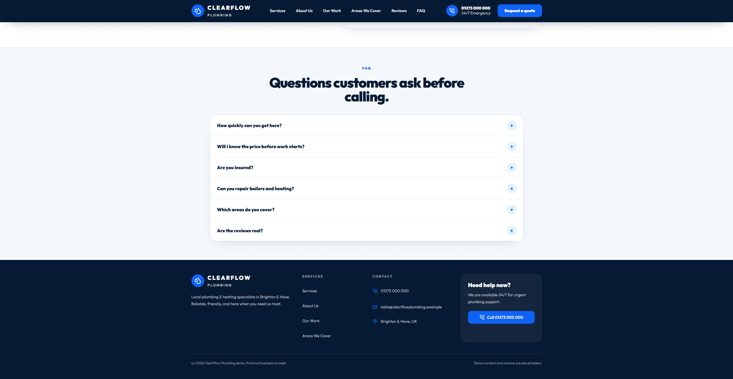 FAQ and footer screenshot from the ClearFlow Plumbing demo website.