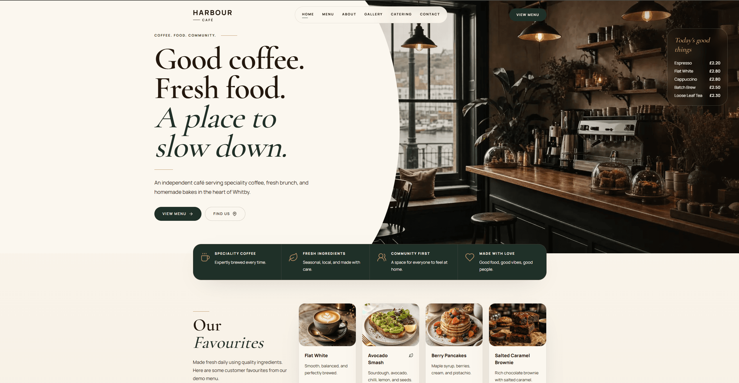 Homepage screenshot of the Harbour Cafe demo website.