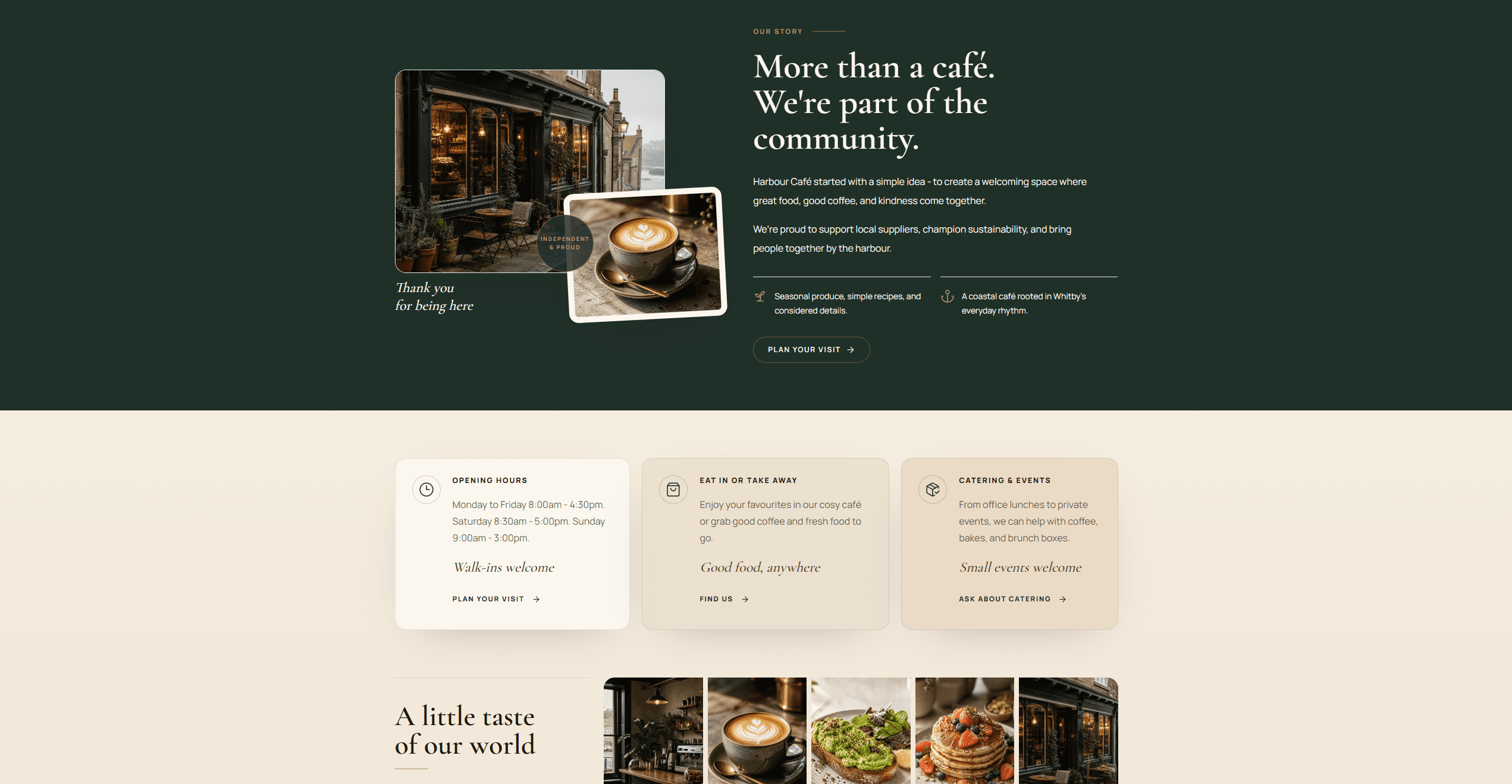 Menu and story screenshot from the Harbour Cafe demo website.