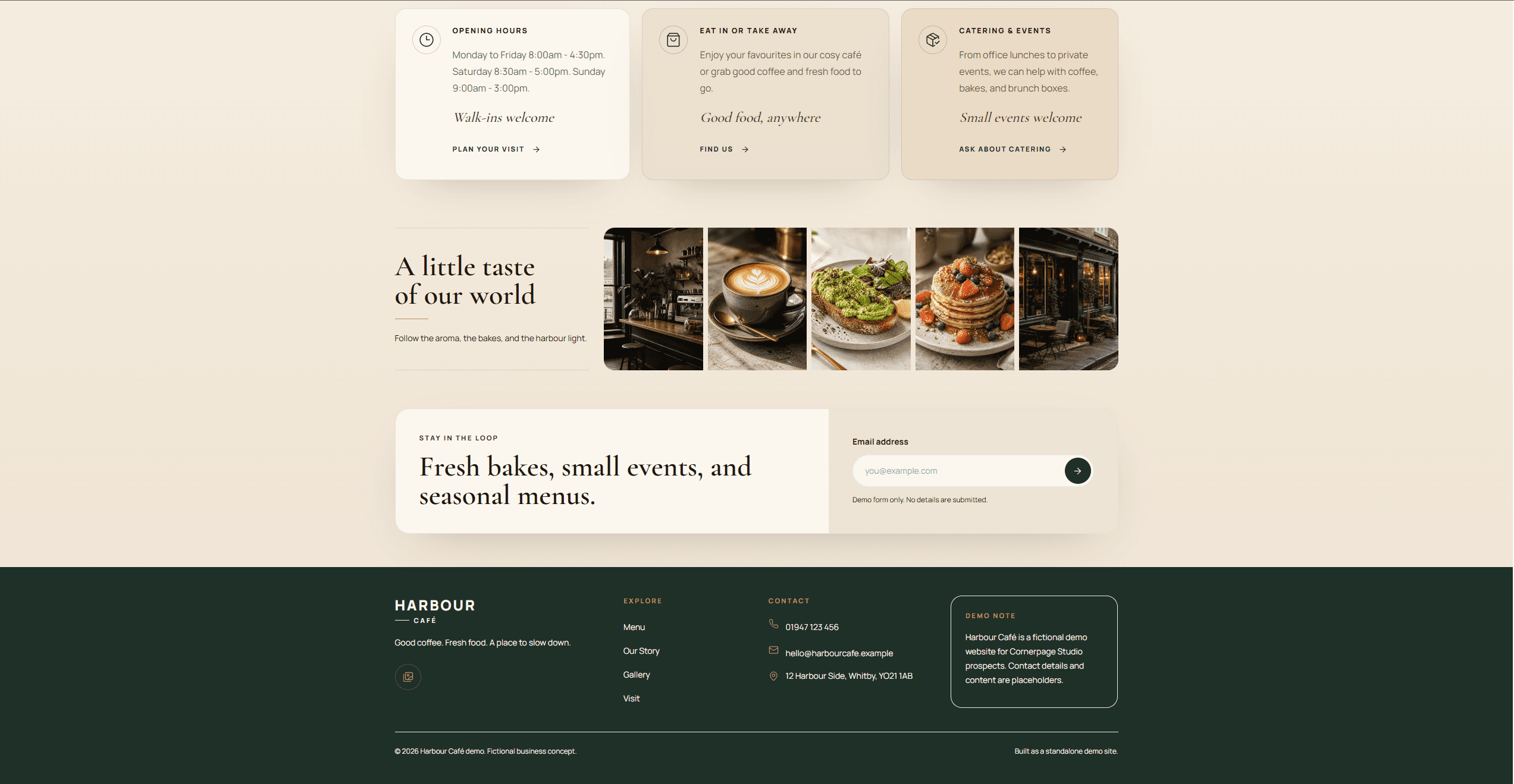 Visit and footer screenshot from the Harbour Cafe demo website.