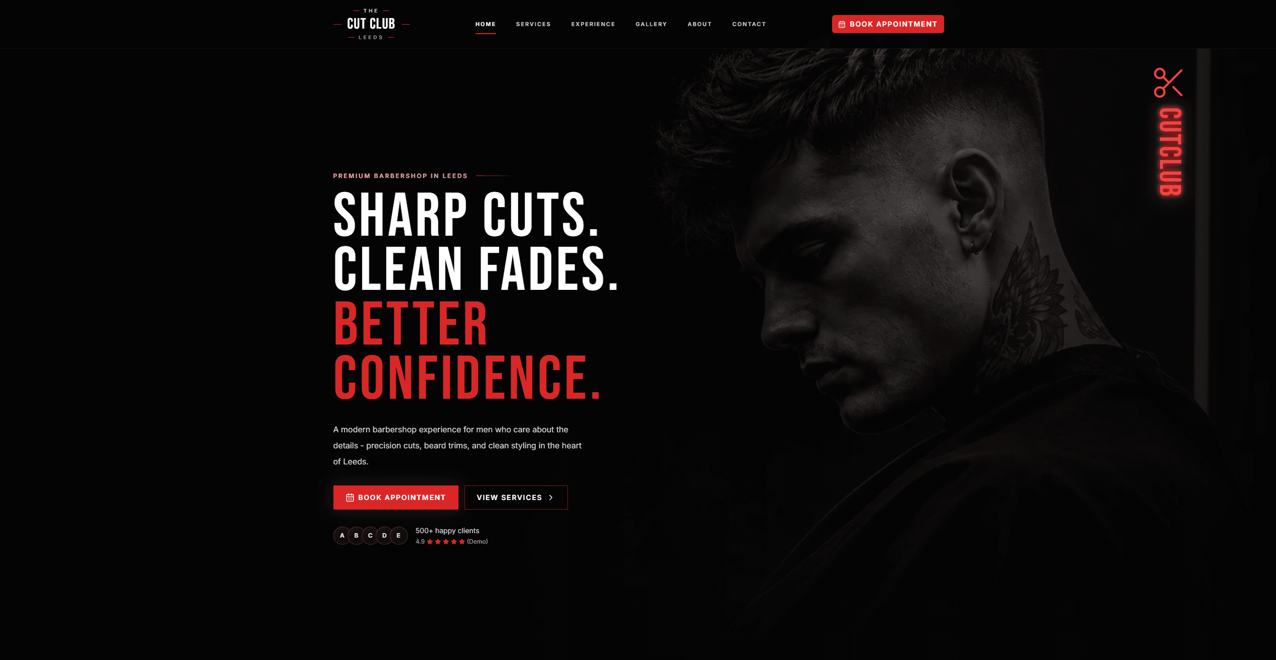 Homepage screenshot of The Cut Club barbershop demo website.