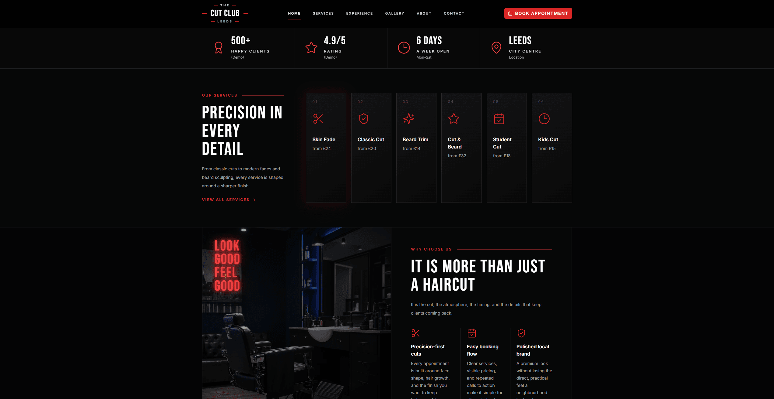 Services and experience screenshot from The Cut Club demo website.