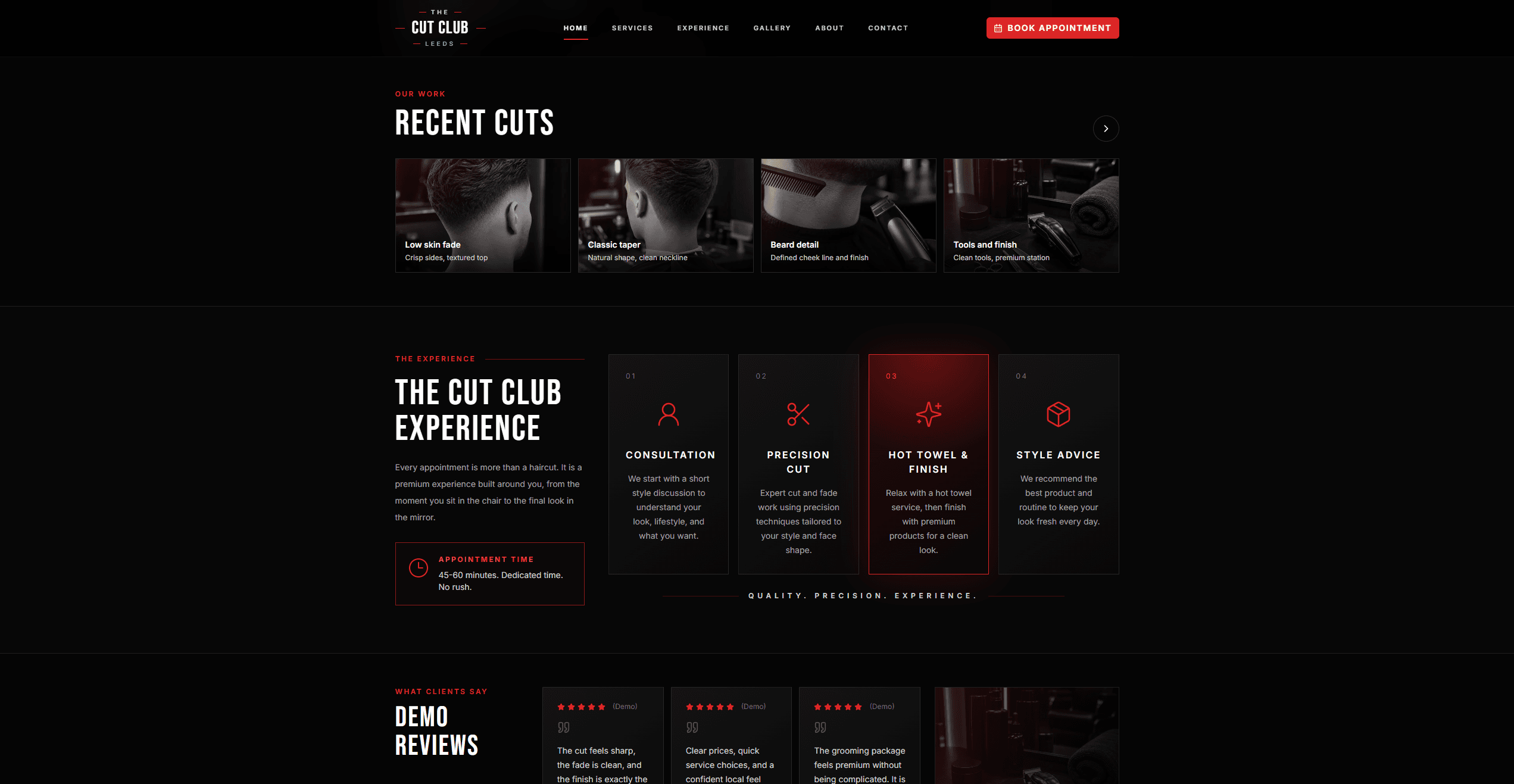 Reviews and booking screenshot from The Cut Club demo website.